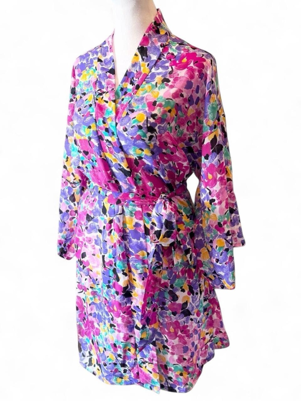 Vintage Amaretta Silky Abstract Floral Belted Robe Kimono Small